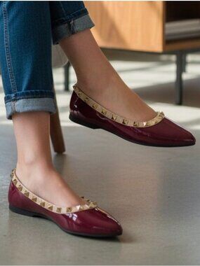 Studded Burgundy Patent Leather Flats With Pointed Toe & Quilted Insole